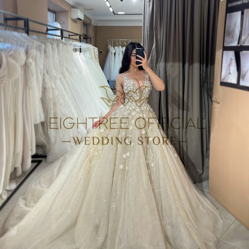 Eightree Elegant A-Line Wedding Dresses Women Deep-Veck Appliques Lace Wedding Gowns Boho Bridal Prom Dress bestidos de novia