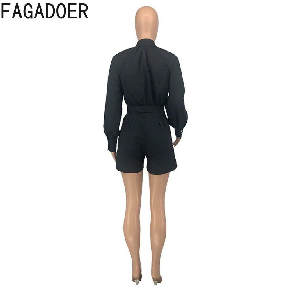 FAGADOER Elegant Lady Solid Pocket Cargo Rompers Women Turndown Collar V Neck Long Sleeve Jumpsuits Fashion OL One Piece Overall