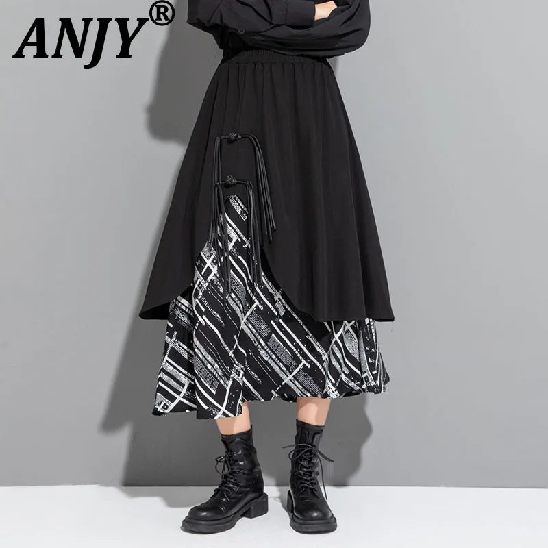 

ANJY Новая женская юбка весна-лето в этническом стиле, имитация двух частей, с цифровым принтом, А-силуэт, на резинке, свободная, повседневная, универсальная, A21501