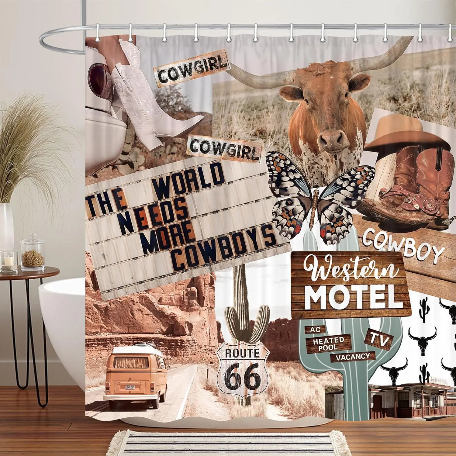

Western Boho Shower Curtain, Funny Rustic Farmhouse Cow Butterfly West Desert Cactus Cowboys Cowgirl, Aztec Shower Curtain