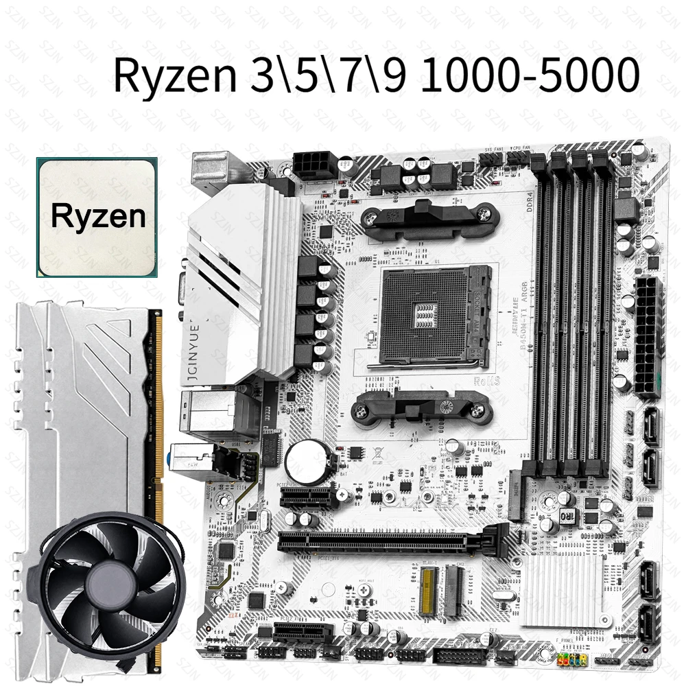 B450M Motherboard-Set mit CPU-Kühler Ryzen R3R5R7 DDR4 Dual Channel Support M2 NVME 4xSATA3.0 PCIE Protocol WIFI Gaming Combo