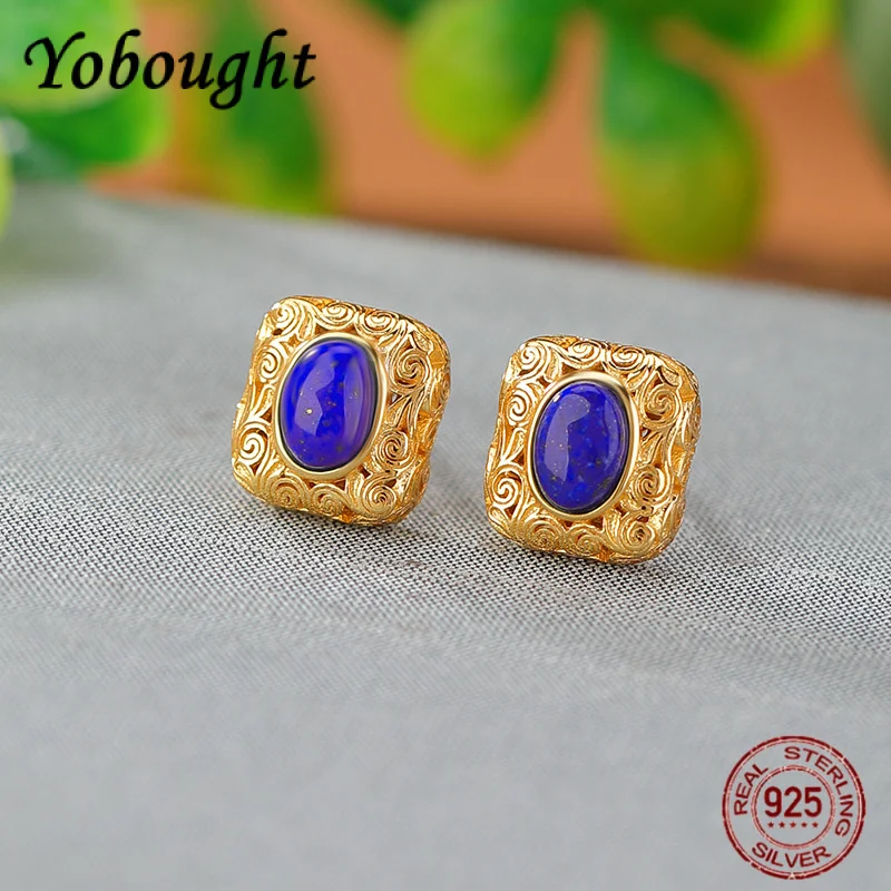 

Light luxury fashion s925 pure silver gold-plated natural lapis lazuli hollowed out auspicious cloud square earrings