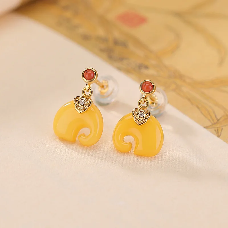 

S925 Sterling Gold-Plated Amber Red Agate Earrings Auspicious Ruyi Lucky Elephant Silver Ear Jewelry