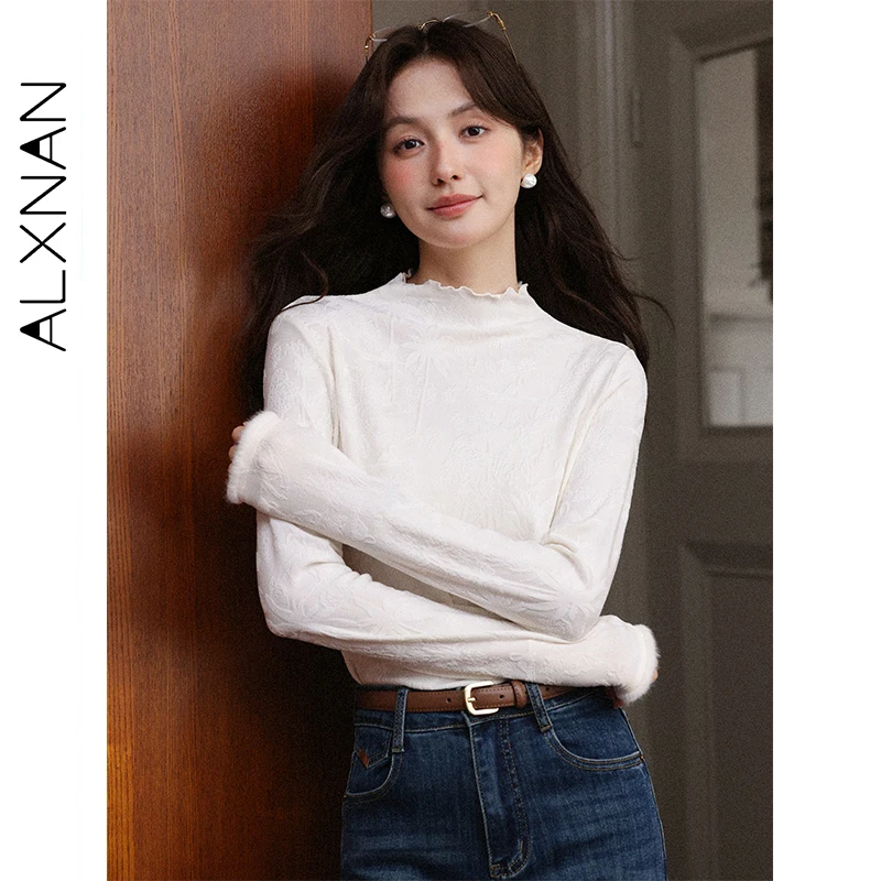 

ALXNAN Apricot T-shirts Slim Jacquard Pattern Ruffled Neckline Plush Cufflinks Pullovers Simple Layering Versatile Tops L58752