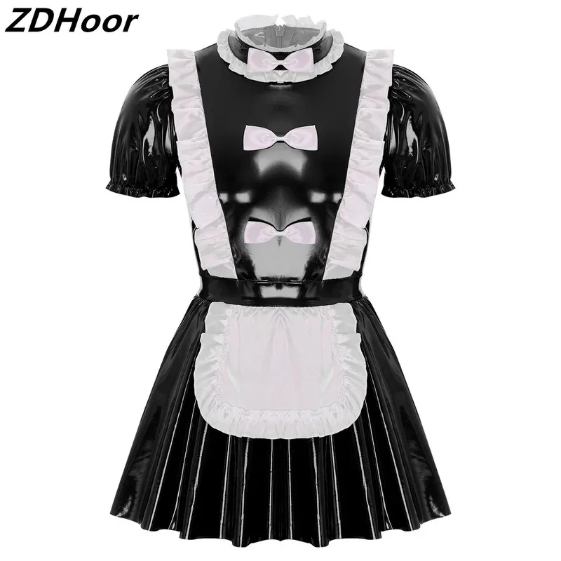 

Мужское платье горничной с оборками и бантом, фартук с пышными рукавами, платье трапециевидной формы, озорная униформа горничной, глянцевая лакированная кожа, клубная одежда