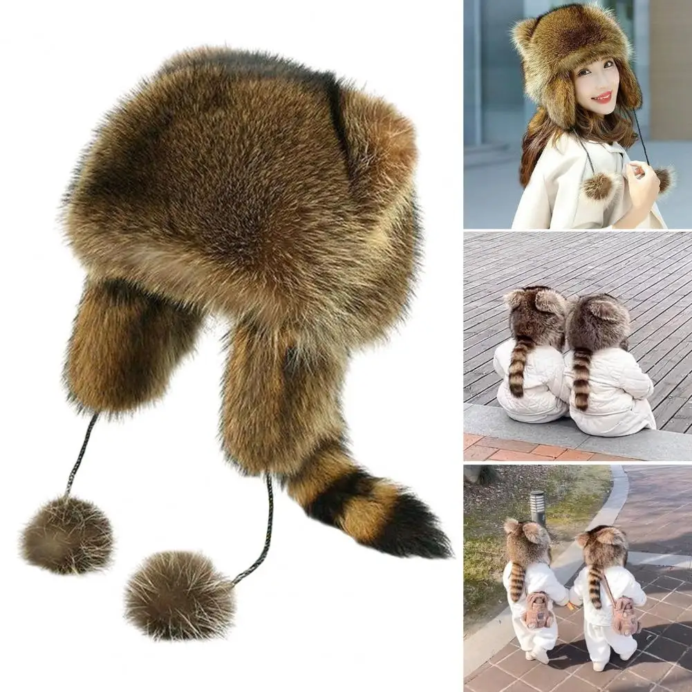 Winter Hat for Kids Adults Racoon Shape Faux Fur Thermal Isolation Windproof Unisex Furry Ball Decor Parent-child Matching Headw