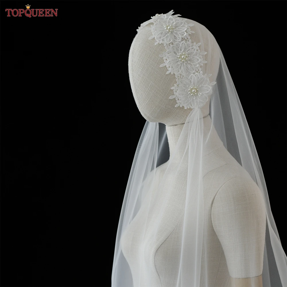 TOPQUEEN Bridal Outdoor Wedding Accessories Flower Pearl Lace Edge Ivory Veil Single Short Super Soft Veil With No Comb V253