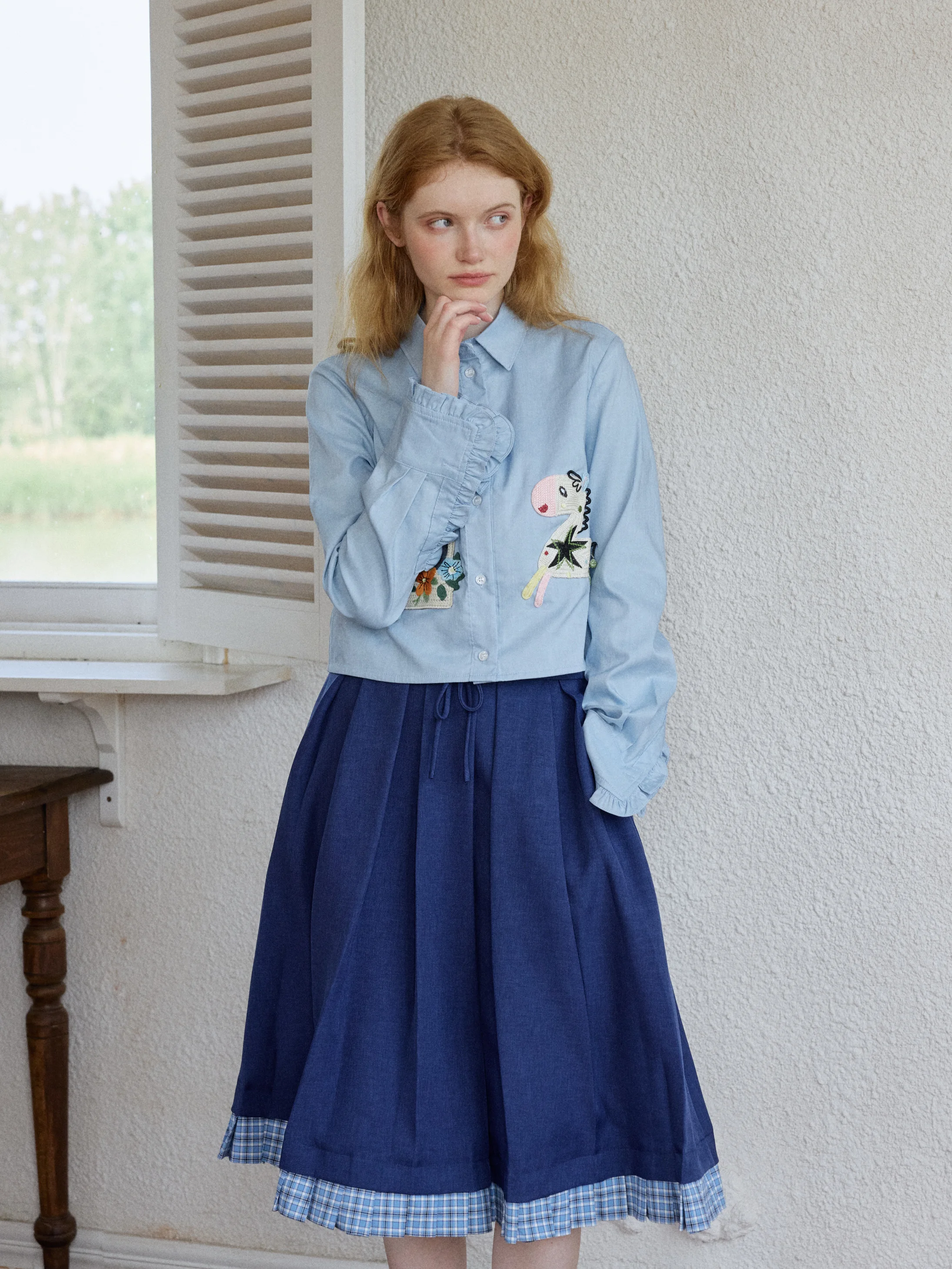 

Slimming Effect Long Sleeve Shirt Pastel Blue Commute Patchwork Design French Style Polyester Blend Short Length Casual Wear