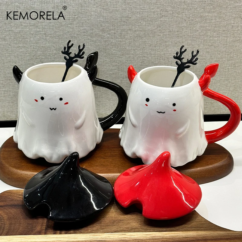 1/2PCS 470ml Halloween Themed Ceramic Coffee Mug with Lid And Spoon - Little Devil And Devil Tail Design Cute Halloween Gift