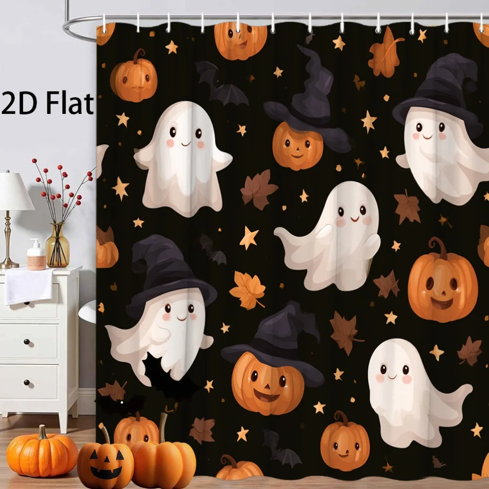 Cute Ghost Shower Curtain, Halloween Pumpkin & Star Print Waterproof Bathroom Decor, Funny Kids Home Bath Screen