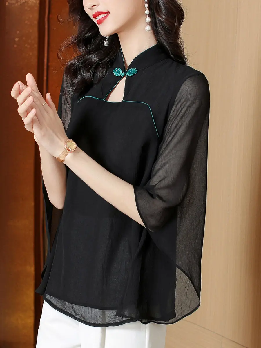 

Новая летняя повседневная блузка в китайском стиле с коротким рукавом для пожилых женщин, блузка в этническом стиле, шифоновые свободные рубашки, Blusas Feminina, топы A249