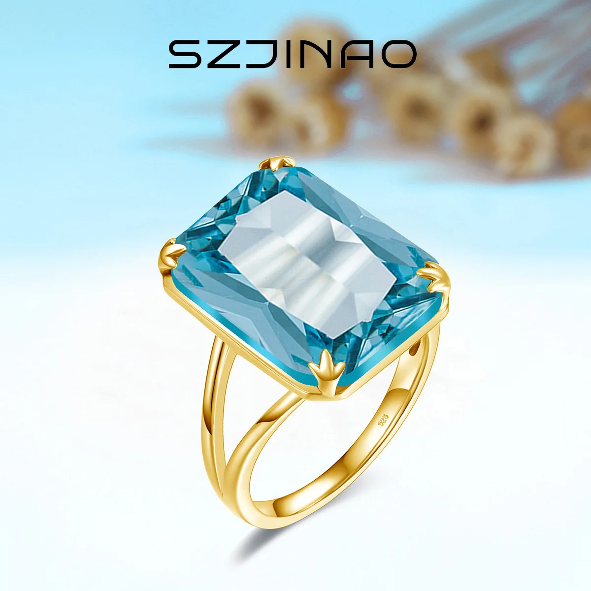 Classic Aquamarine Ring 925 Sterling Sliver Rings For Women Gold Plated Gemstone Vintage Luxury Party Gift Female Fine Jewelry