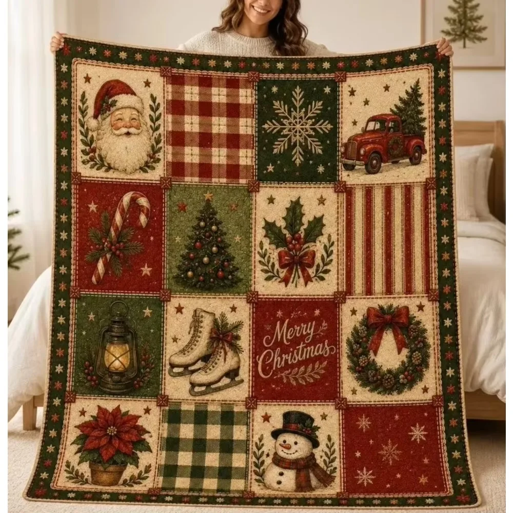 2026 First Christmas Patchwork Throw Blanket House Tree Print Holiday Sofa Decor For Home Ornament