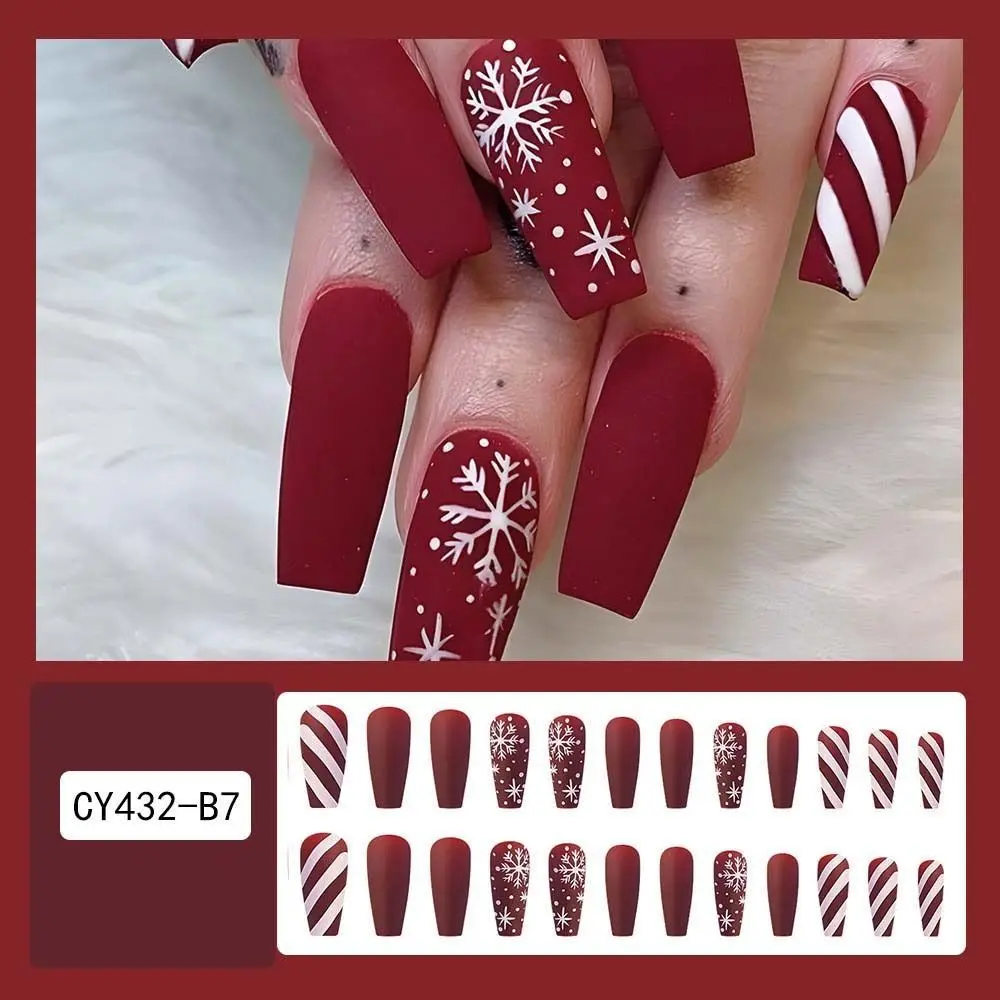 24 stks/set Franse Kerst Sneeuwvlok Nep Nagels Amandel Vierkante Volledige Dekking Kunstnagels voor Vrouwen DIY Manicure Accessoires