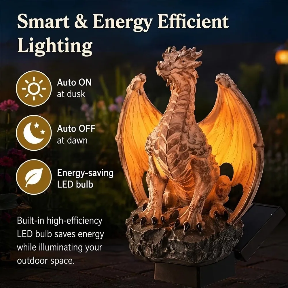 Soft Warm Glow Dragon Solar Garden Light Dragon Statue Medieval Fantasy Solar Dragon Stake Light Animal Gothic Shape