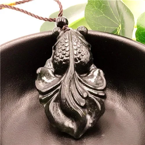 Chinese black Jade Goldfish Pendant Necklace Jewellery Fashion Hand-Carved Relax Healing Man Women Luck Gifts Amulet Free Rope