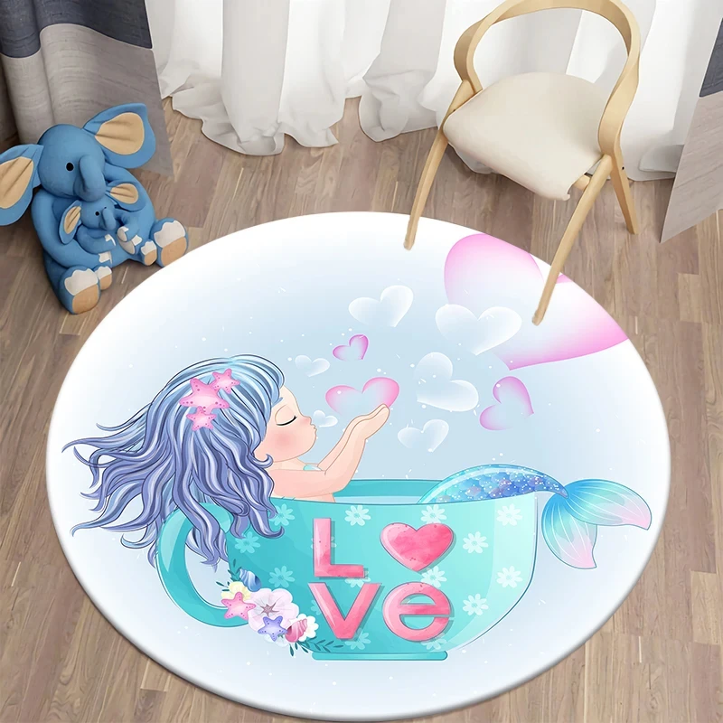 Cartoon Mermaid Round Area Rug Magical Sea Creatures Circle Carpet for Living Room Girls Bedroom Dorm Decor Non-slip Floor Mat
