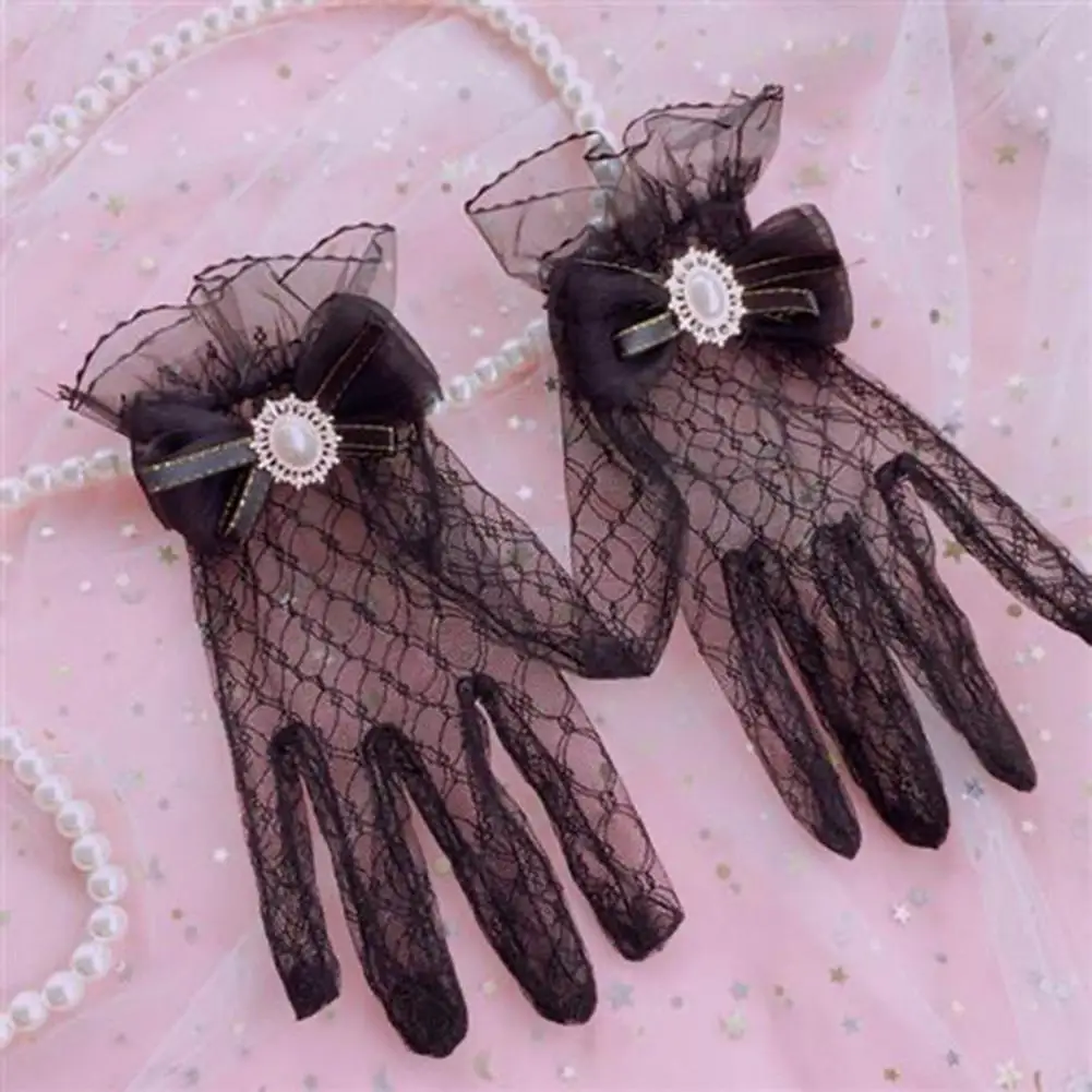 

Breathable Gloves Lace Wedding Gloves with Faux Pearl Bow-knot Elegant Bridal Accessories for Prom Banquet Cocktail Parties