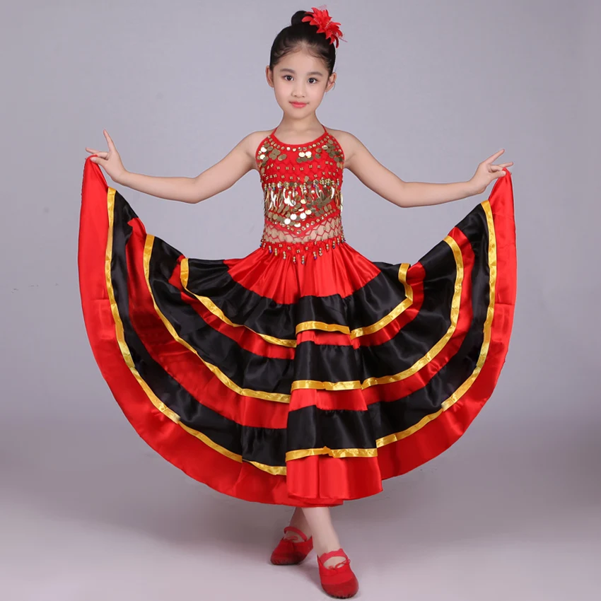 Kinder Hohe Qualität Satin Weiche Rot Schwarz Teenager Mädchen Spanisch Flamenco Rock Gestreiften Bling Ballsaal Bühne Tragen Leistung Kleid