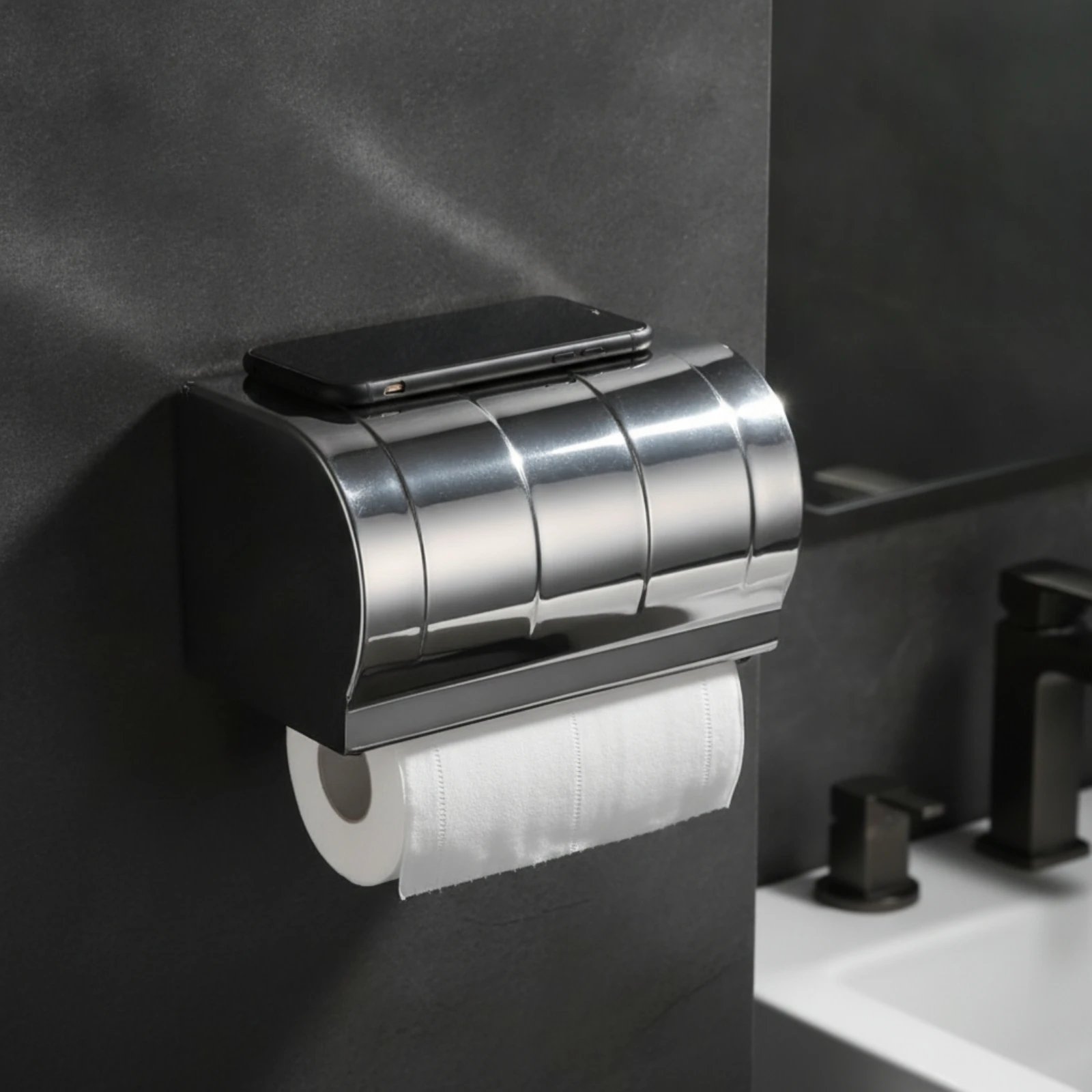 

Toilet Roll Holder with Shelf Waterproof Bathroom Tissue Holder Paper Towel Dispenser with Cover Modern Hardware Space-Saving