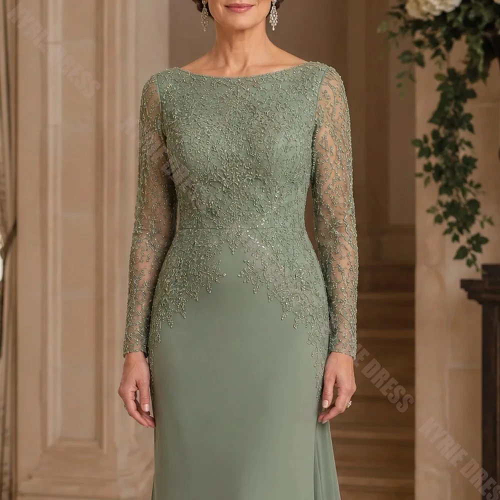 Customized Mother of The Bride Dresses Full Sleeves Boat Neck Lace Chiffon Mermaid Woman Wedding Guest Gowns Party Evening Dress image 3
