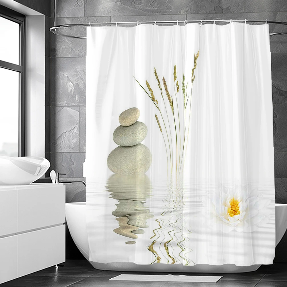 Flowers Zen Stone Shower Curtain Sets with Non-Slip Rugs Toilet Lid Cover and Bath Mat Waterproof Bathroom Curtains Home Decor