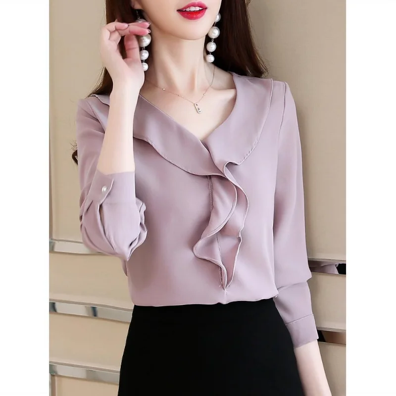 Chiffon Ruffle Shirt Tops Spring New Long Sleeve V Neck Solid Color Patchwork Temperament Blouse Elegant Fashion Women Clothing