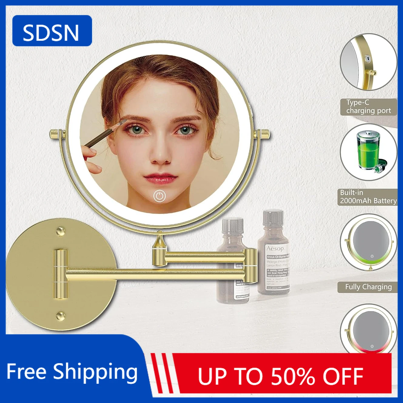

Touch Bathroom Mirror 10X Magnifying Wall Mounted Light Touch on Led Folding Makeup Mirror Brushed Gold Folding Bathroom Mirrors