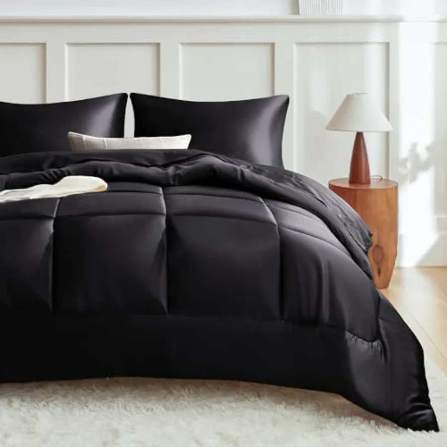 

Comforter Set Black, Reversible Satin Microfiber Comforter Set for All Seasons, 3 Pieces Non-Slip Silky Soft Bedding Sets with