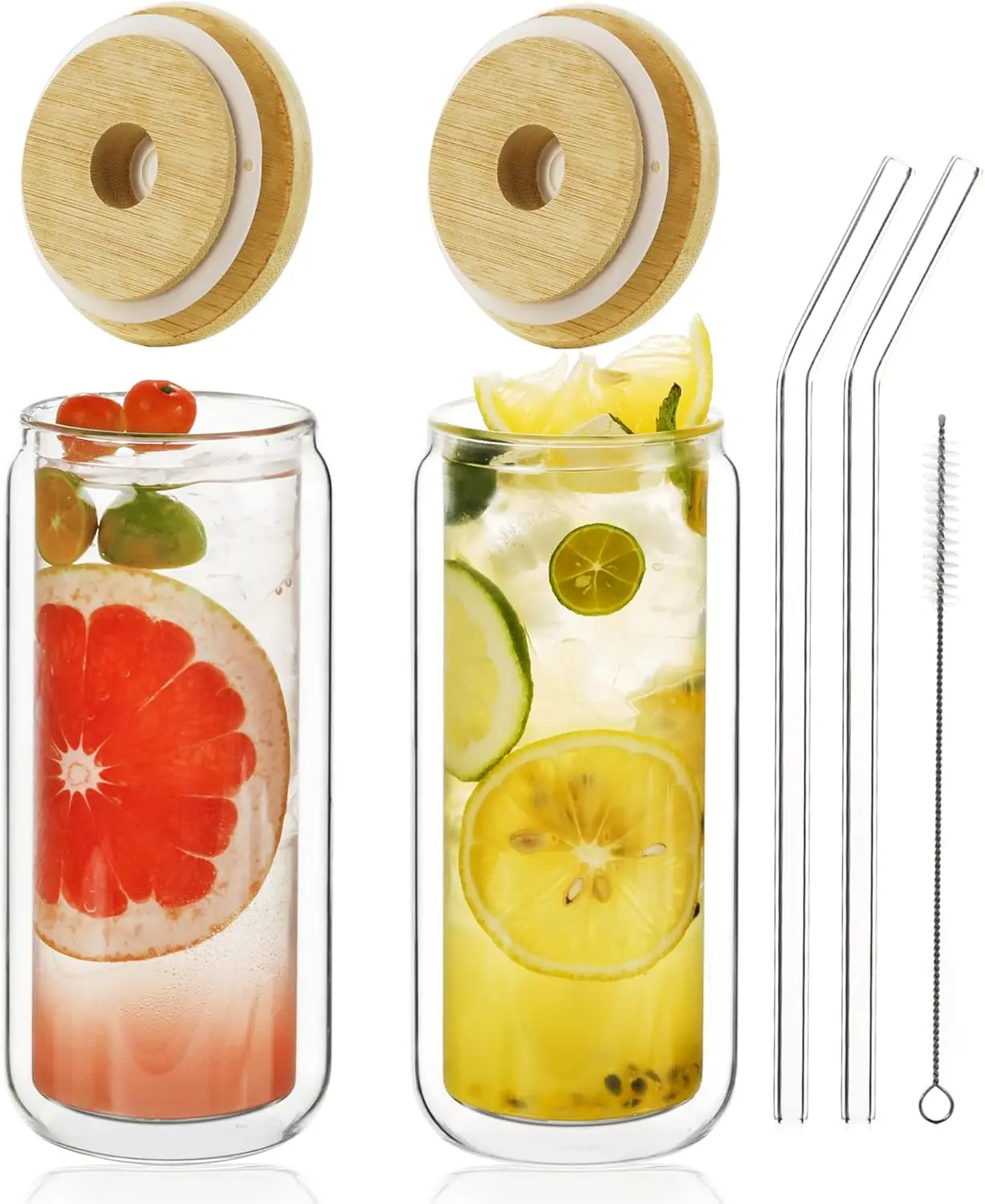 

Стеклянные стаканчики с двойными стенками на 16 унций, 2 шт., с бамбуковыми крышками, соломинки, изолированные стаканы для льда, кофе, чая, сока, холодных напитков, кисть