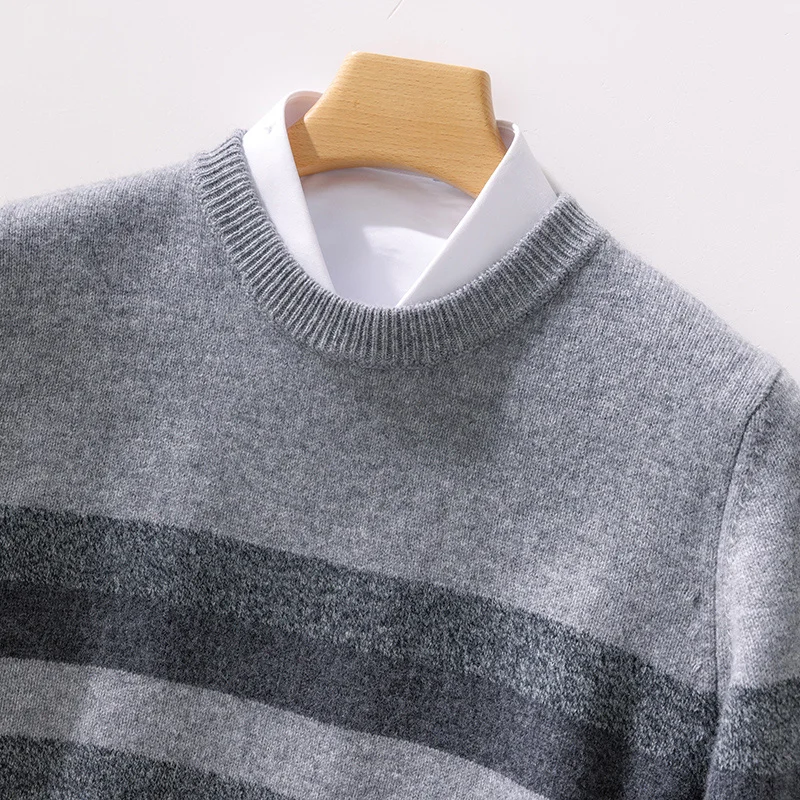Autumn Winter 100% Merino Wool O-Neck Color-Block Striped Sweater Pullover Cashmere Soft Long Sleeves Basic Casual Clothing Top