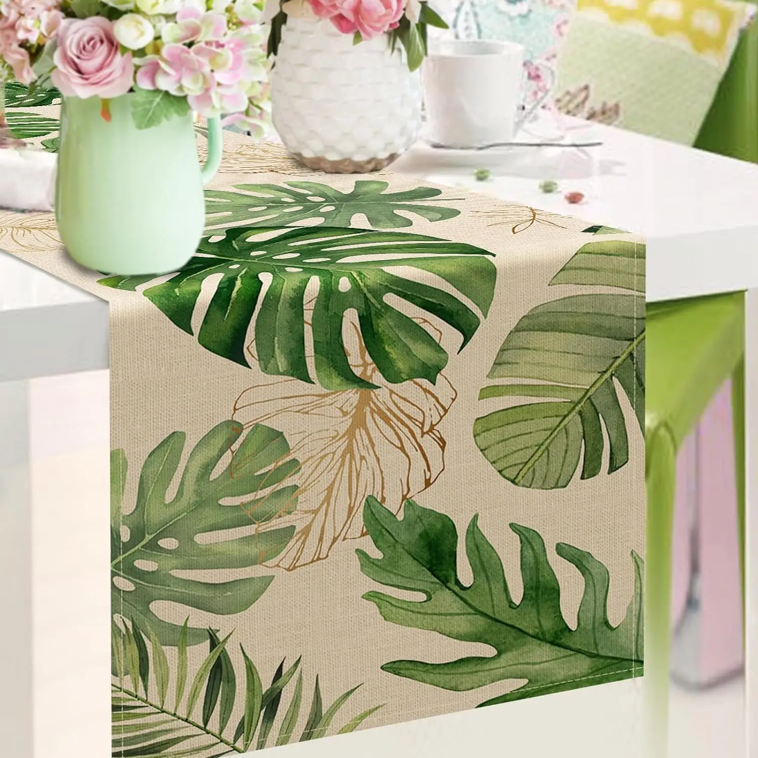 Summer Palm Leaves Tropical Greenery Linen Table Runners Spring Seasonal Home Kitchen Dining Table Decor Outdoor Party Decor