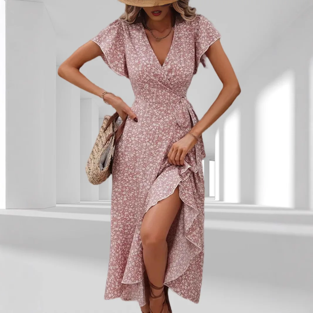 

Summer Hot-Selling New Women's V-Neck Belt Wrap Long Dress Sexy Bohemian Flared Vacation Dress