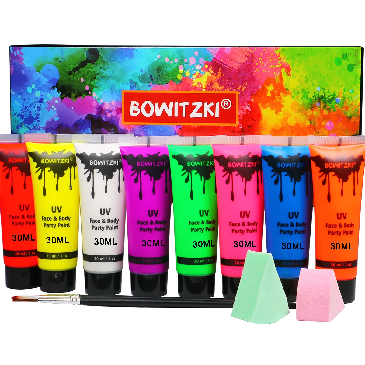 

Bowitzki UV Body Paint 8 x 30ml Neon Face Paint Set 1 oz Black Light Glow Makeup Kit Fluorescent Face Paints for Music Festivals