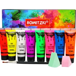 Bowitzki UV Body Paint 8 x 30ml Neon Face Paint Set 1 oz Black Light Glow Makeup Kit Fluorescent Face Paints for Music Festivals