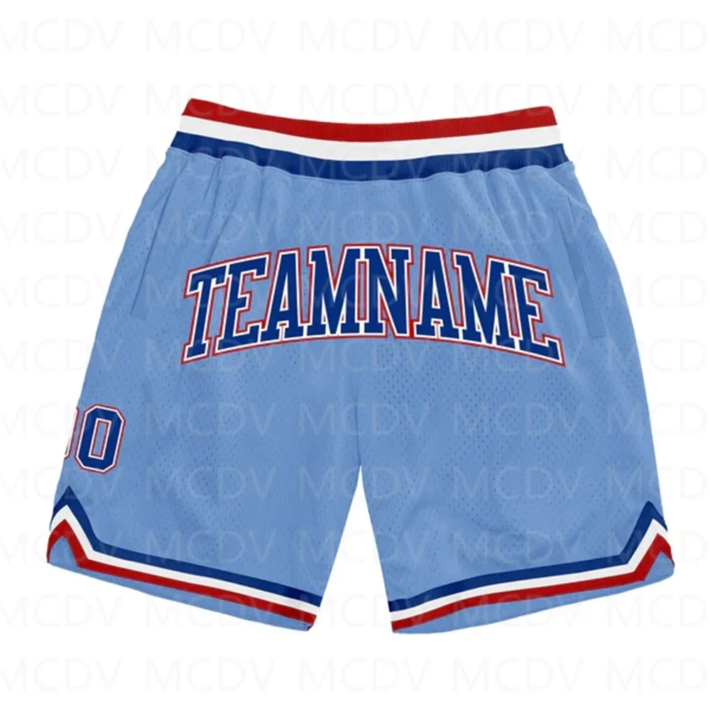 Custom Lichtblauwe Koningsrode Authentieke Throwback Basketbalshort 3d Overal Bedrukte Herenshorts Sneldrogend Strandshort