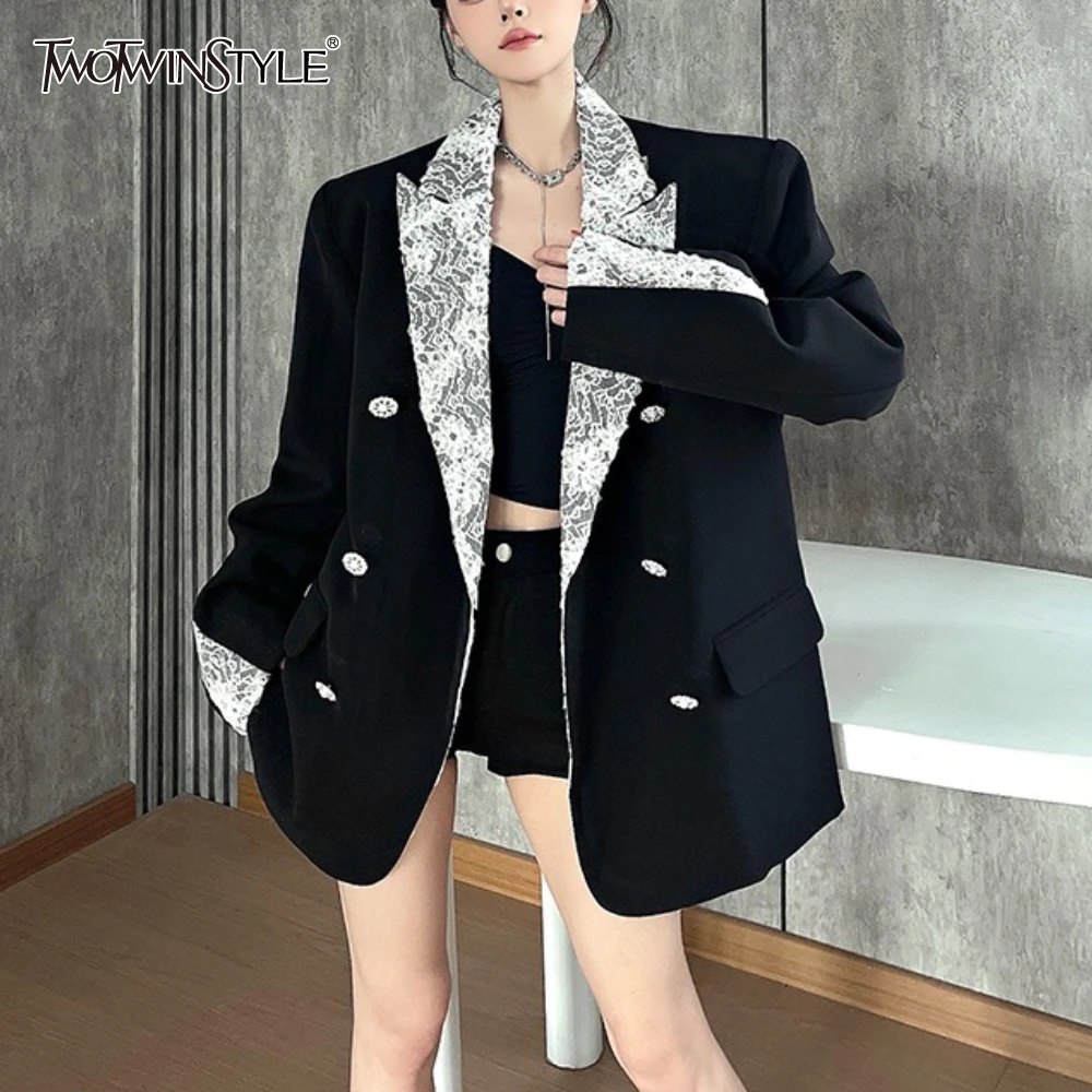 

TWOTWINSTYLE, черная кружевная элегантная куртка, женская свободная повседневная куртка с лацканами и длинными рукавами, ленивые женские куртки, осенний модный стиль