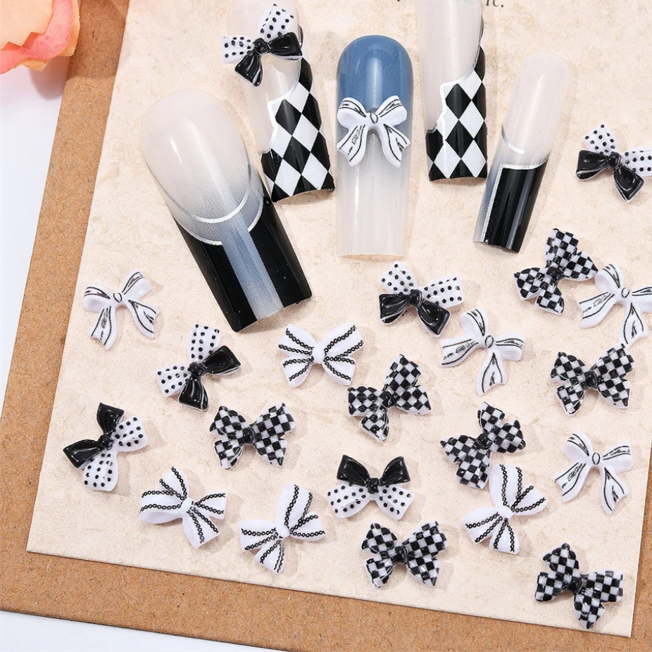 

60pcs/Box Fall Nail Charms Decor Butterfly Black White Checkered Ribbon Bow Nail Accessories Cute Manicure Ornament Bulk Supply