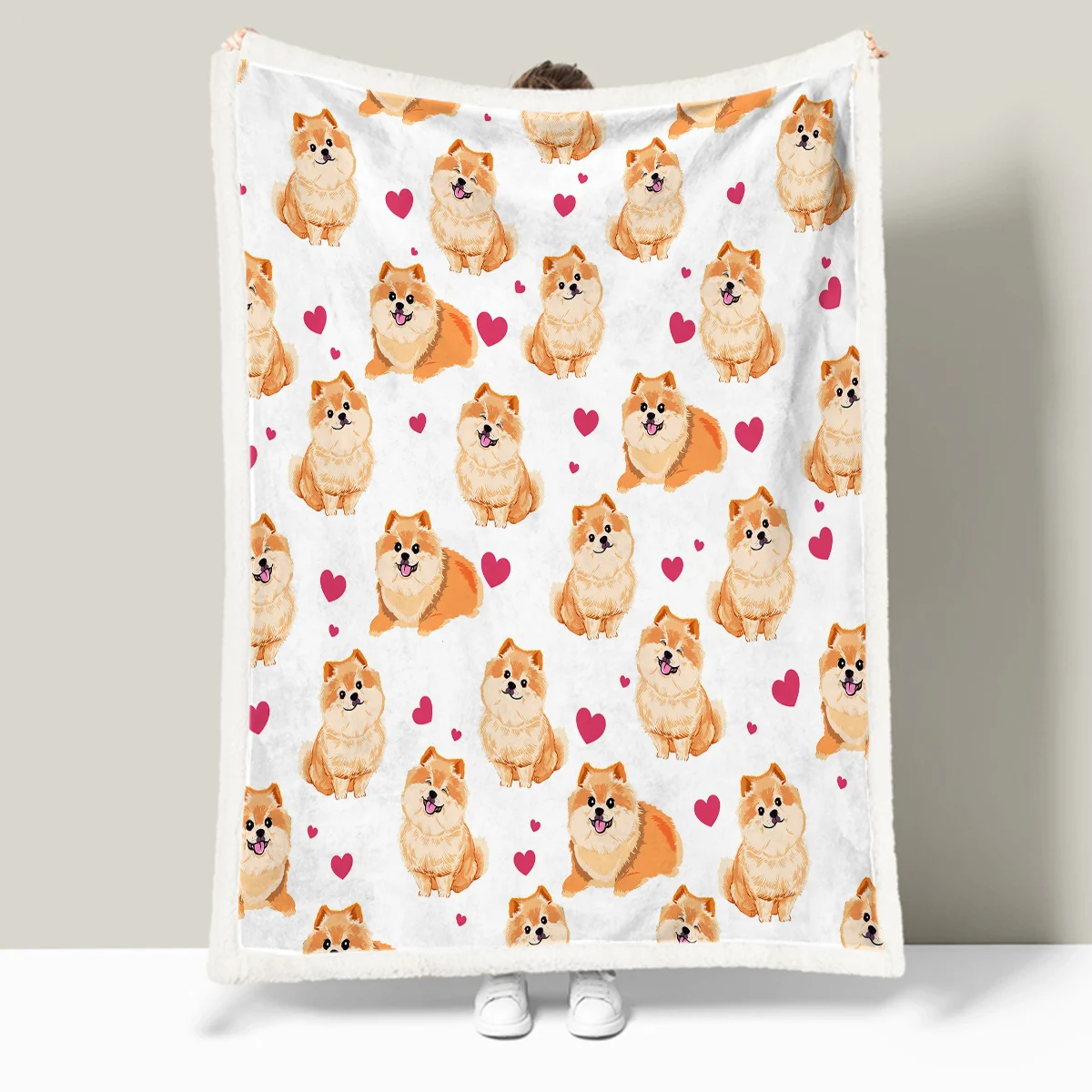 Pomeranian Throw Blanket Cute Cartoon Pomeranian Dog Printed Blanket Super Soft Sherpa Blanket for Couch Sofa Bed