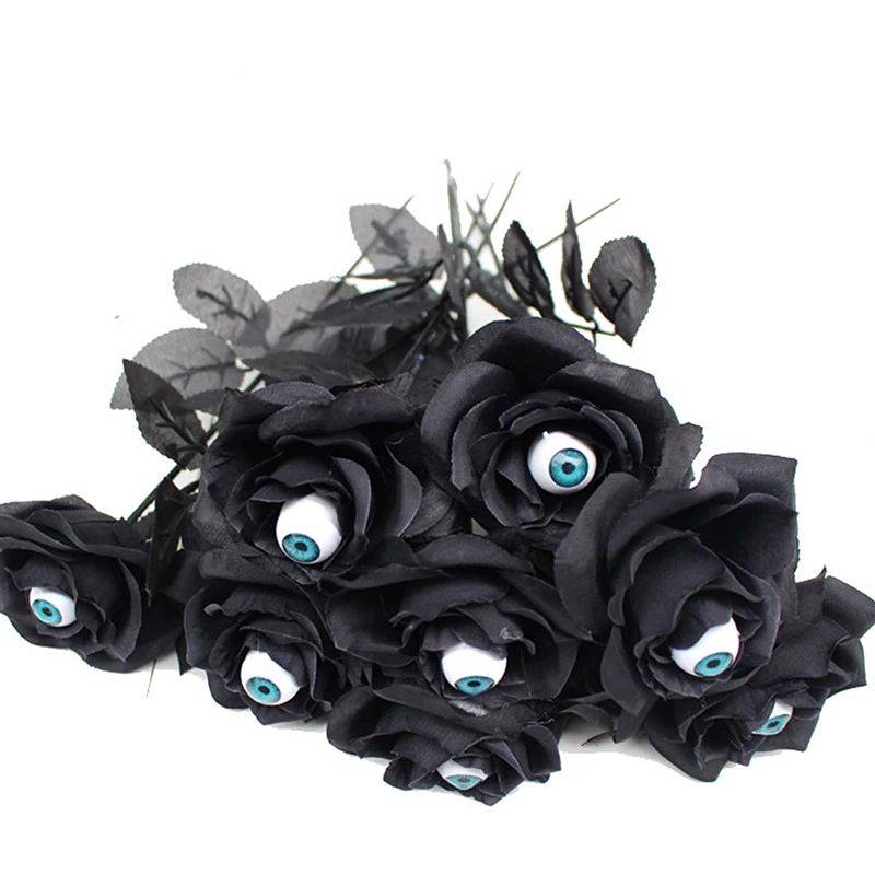 1pc 41cm Black Fake Flower Cosplay Costume Accessories Horror Flower Rose Artificial Flower With Eyeball Halloween Supplies 