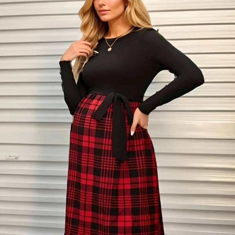 Women's Breastfeeding Dress Plaid Long Sleeve Loose Puffy Plush Retro Plaid Simple Fashion High Quality Maternity Clothing