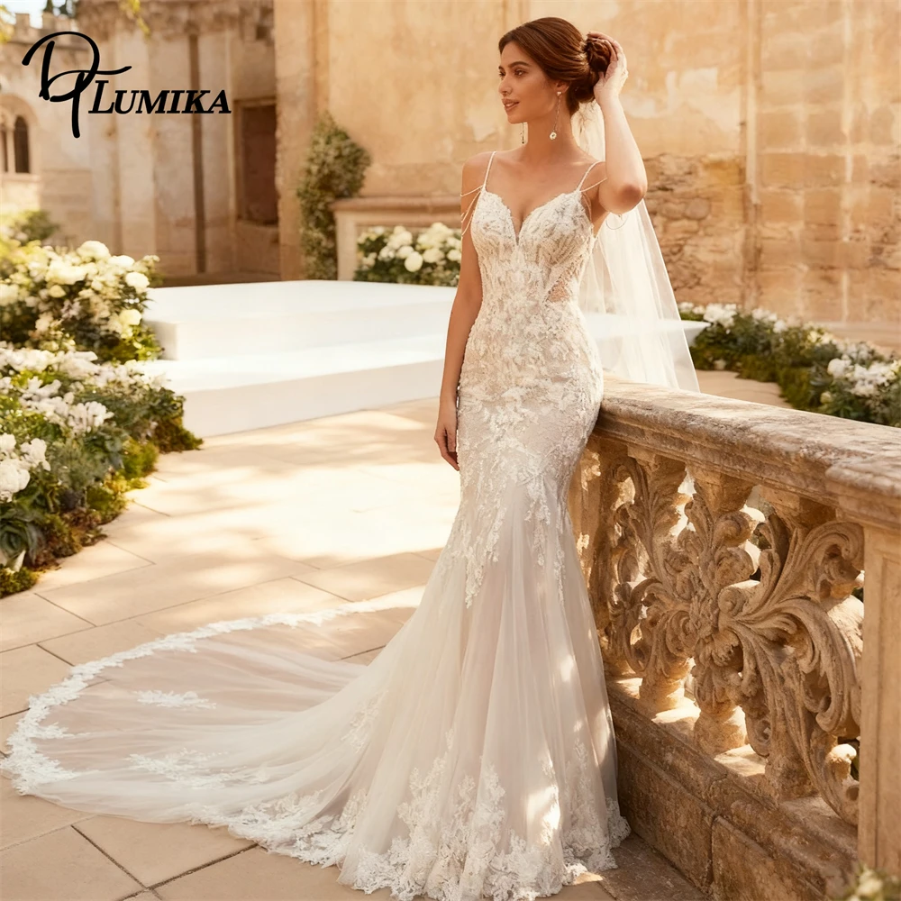 فستان عروس كلاسيكي بحورية البحر من الدانتيل من DTLumika بأشرطة سباغيتي ذيل محكمة طويل مصنوع حسب الطلب فساتين زفاف نسائية طويلة