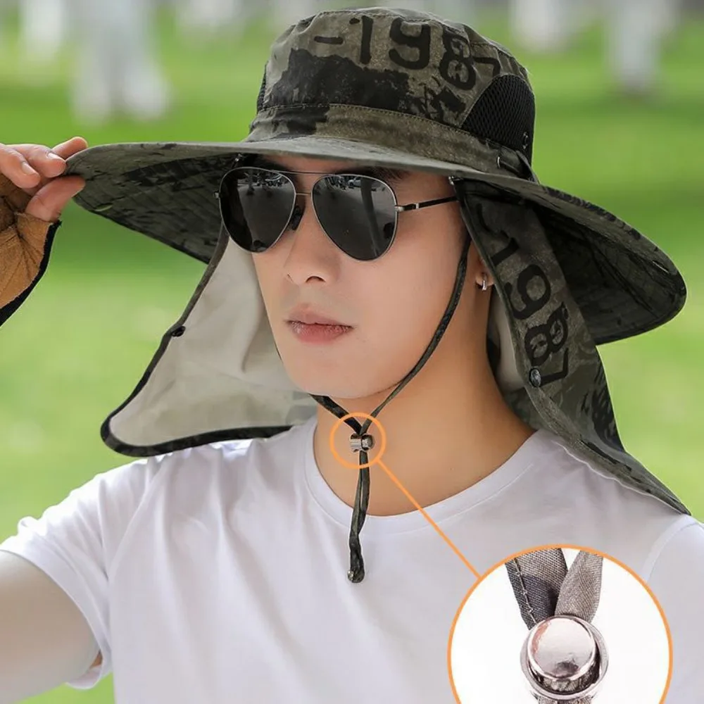 Anti-UV Wide Brim Sun Hat With Face Mask Adjustable Agricultural Work Hat Outing Hiking Fisherman Hat Breathable Beach Bucket