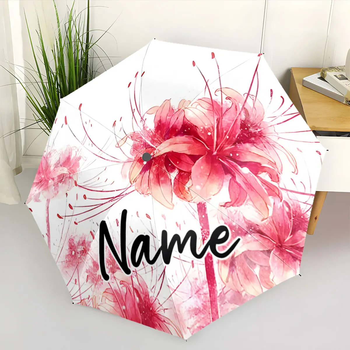 Custom Name Elegant Floral Print Umbrella with Personalized Text Print 8 Iron Ribs Folding Umbrella, Auto-Open Fashion Sunshade