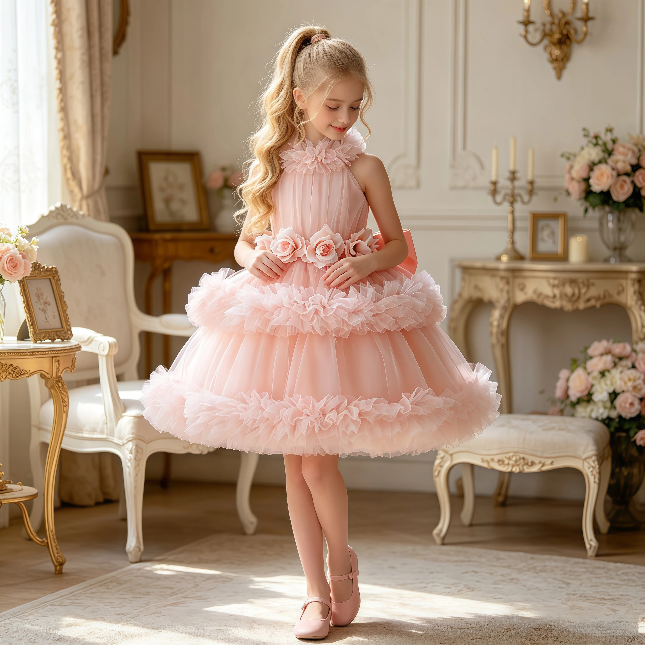 Elegant Flower Party Girls Dress Summer Bow Birthday Princess Dress for Girl Tulle Wedding Bridesmaids Pageant Prom Gown Vestido