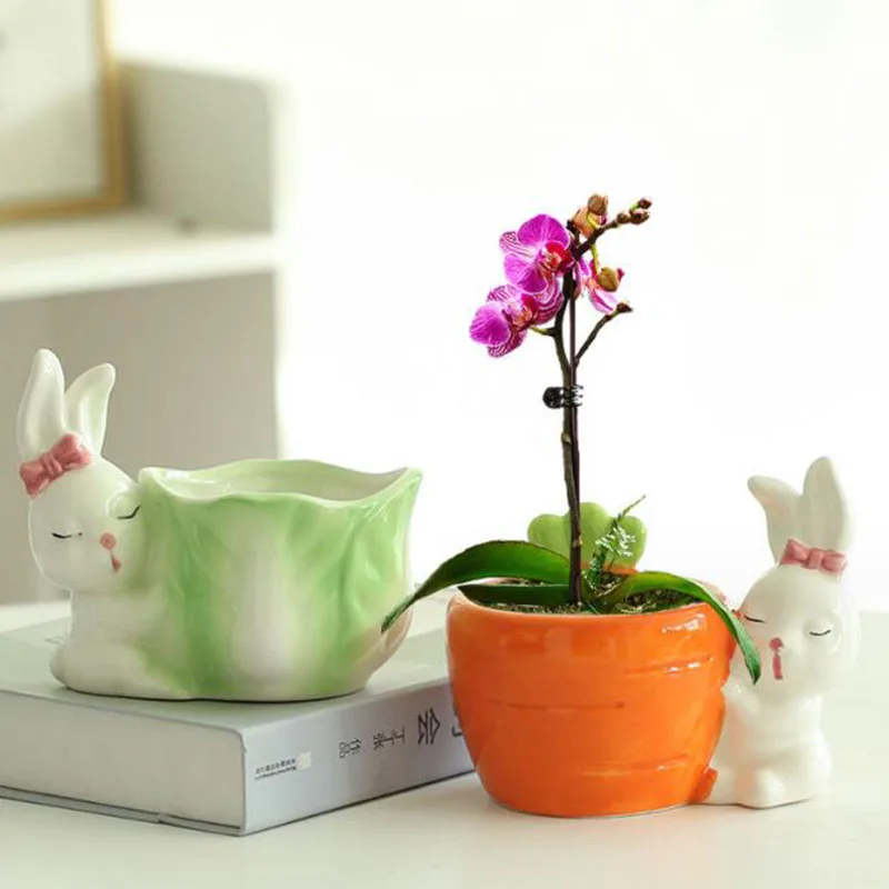 Cartoon Rabbit Carrot Cabbage Flowerpot Green Plant Pot Bonsai Vase Planter Container Desktop Ornament Balcony Home Decor