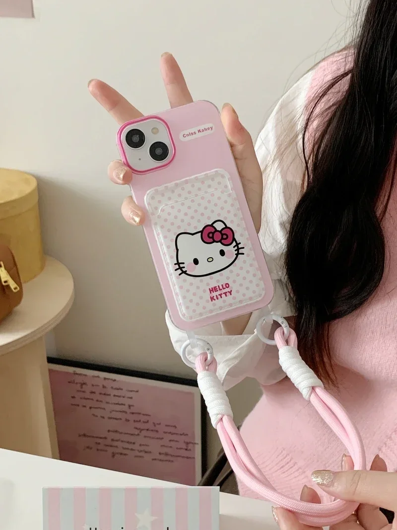 Cute Sanrio Wave Point Pochacco Card Pocket Phone Case For iPhone 15 14 13 12 11 Pro Max Soft TPU Back Cover Bule lanyard