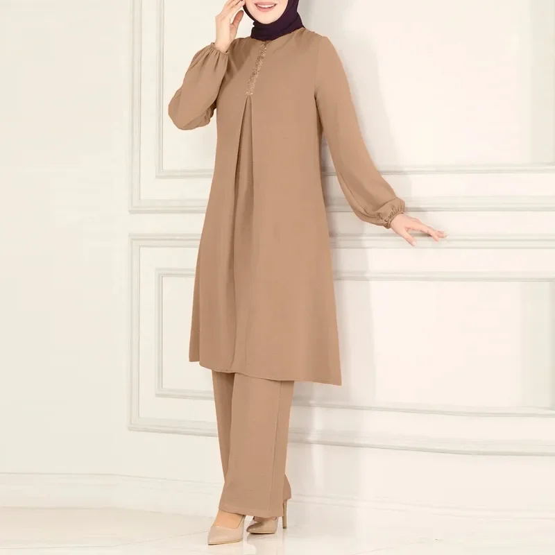 Muslim Set Fashion Solid Elegant Long-sleeved Shirt and Loose Wide-leg Pant Two Pieces Set Soft Muslim Dress Slim Dubai Abayas