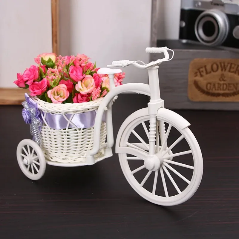 Bicycle Decoration Flower Basket Tricycle Design Newest Plastic White Vase Flower Storage Home Wedding Party DIY Deco Flower Pot