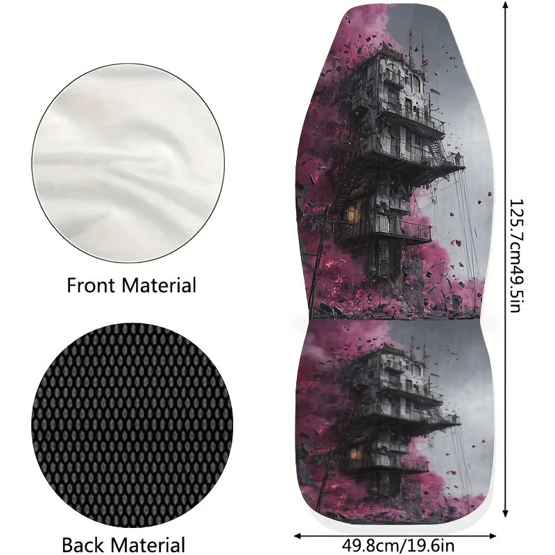 2pcs Honkai Impact Building Print Car Seat Covers, Easy-Clean Fashionable Fun Pattern All-Season Front Seat Protectors, Suitable